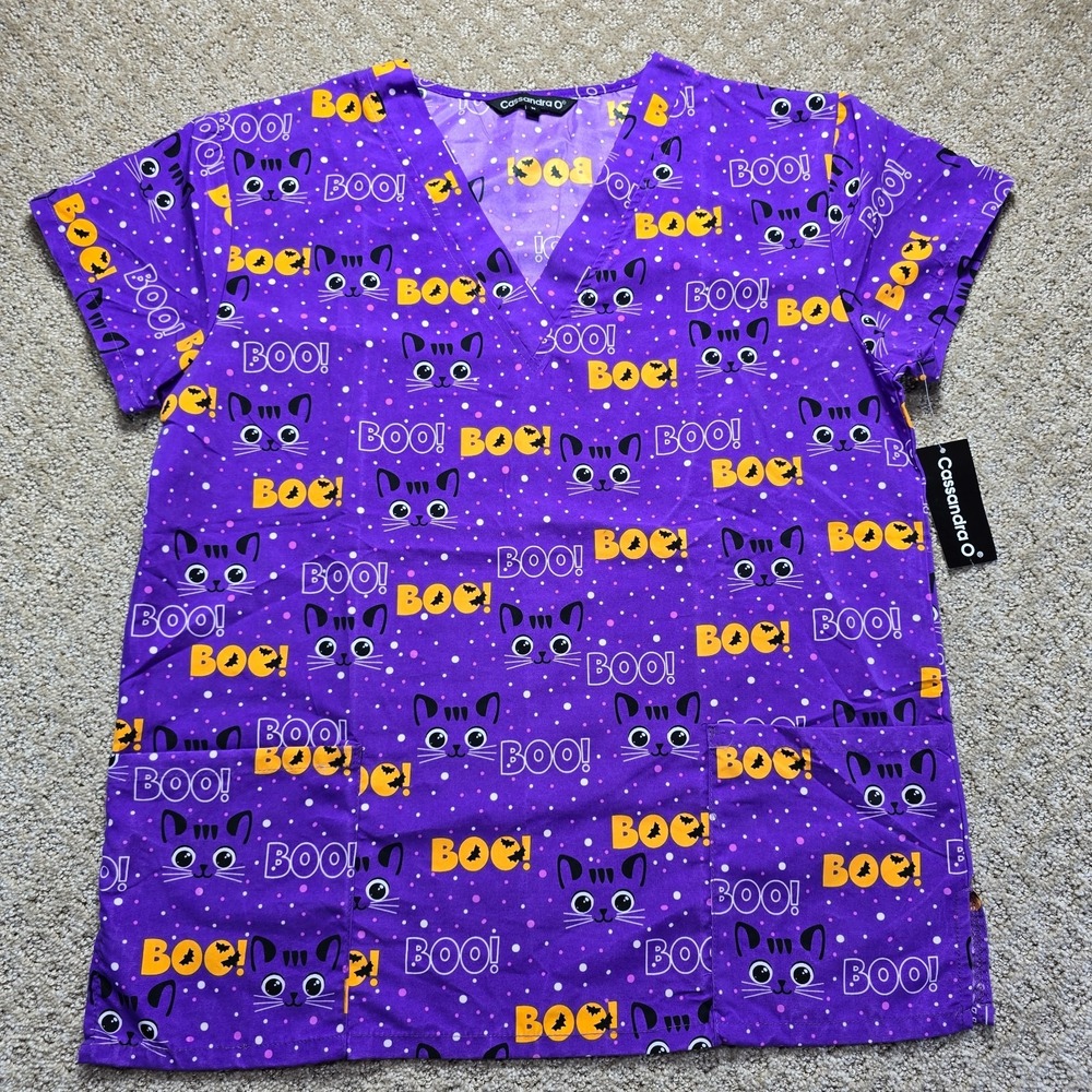 Purple Halloween Scrub Top Black Cat Boo 2 Pockets NWT Cassandra O Women's M